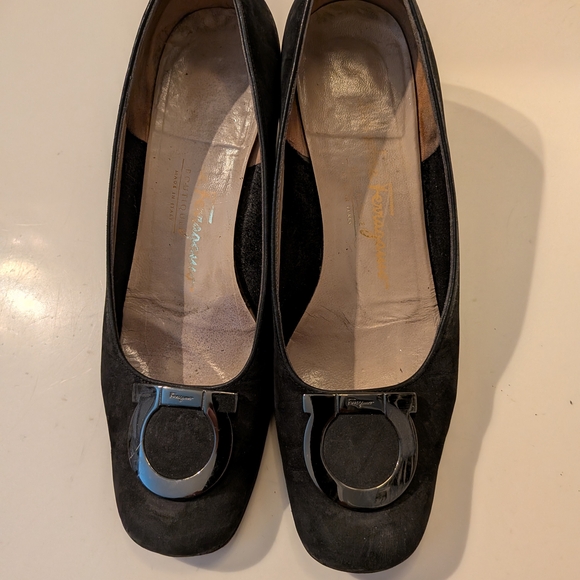 Salvatore Ferragamo Shoes - Salvatore Ferragamo Dark Gray / Black Suede Heels with Silver Buckle |  Size 6C